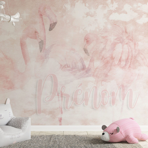 Papier peint panoramique enfant avec prénom personnalisable - Flamants Roses
