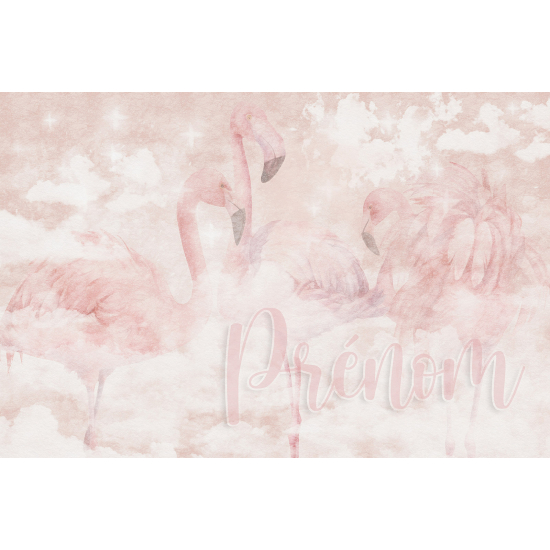 Papier peint panoramique enfant avec prénom personnalisable - Flamants Roses