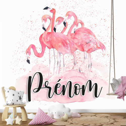 Papier peint panoramique enfant avec prénom personnalisable - Flamants Roses