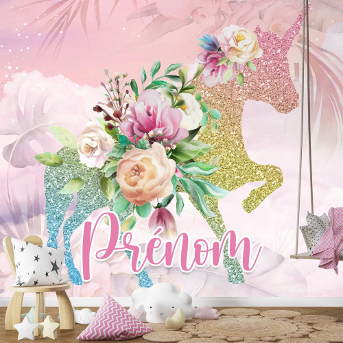 Papier peint panoramique enfant avec prénom personnalisable - Fleurs Licorne