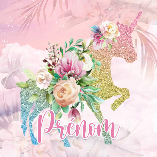 Papier peint panoramique enfant avec prénom personnalisable - Fleurs Licorne