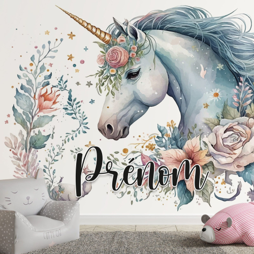 Papier peint panoramique enfant avec prénom personnalisable - Fleurs Licorne