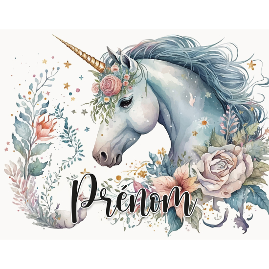 Papier peint panoramique enfant avec prénom personnalisable - Fleurs Licorne