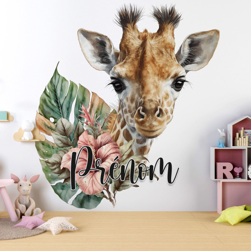 Papier peint panoramique enfant avec prénom personnalisable - Girafe
