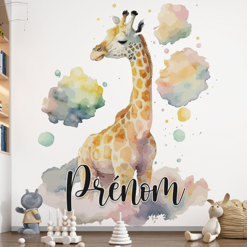 Papier peint panoramique enfant avec prénom personnalisable - Girafe