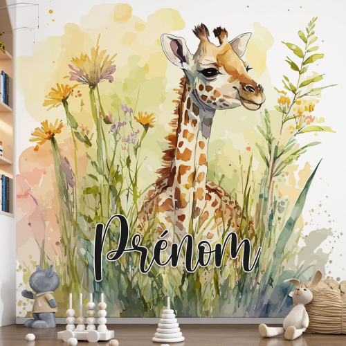 Papier peint panoramique enfant avec prénom personnalisable - Girafe