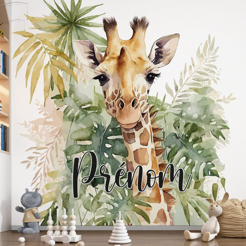 Papier peint panoramique enfant avec prénom personnalisable - Girafe