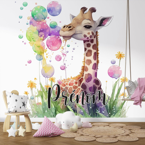 Papier peint panoramique enfant avec prénom personnalisable - Girafe