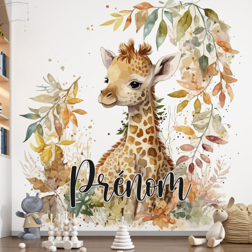 Papier peint panoramique enfant avec prénom personnalisable - Girafe