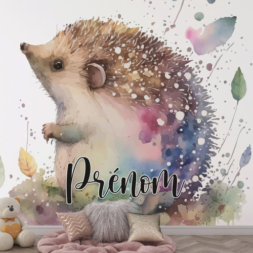 Papier peint panoramique enfant avec prénom personnalisable - Hérisson