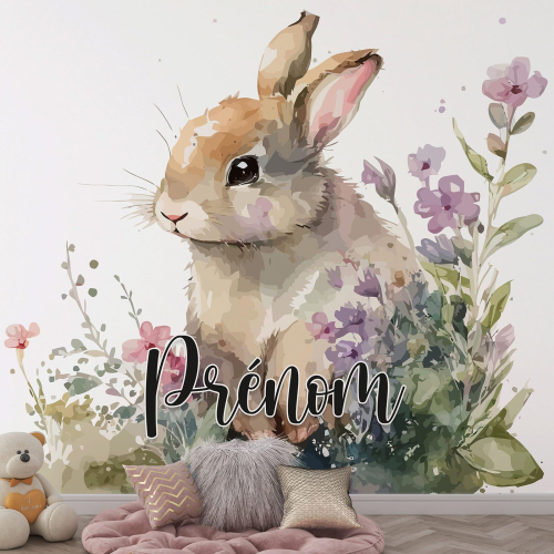 Papier peint panoramique enfant avec prénom personnalisable - Lapin
