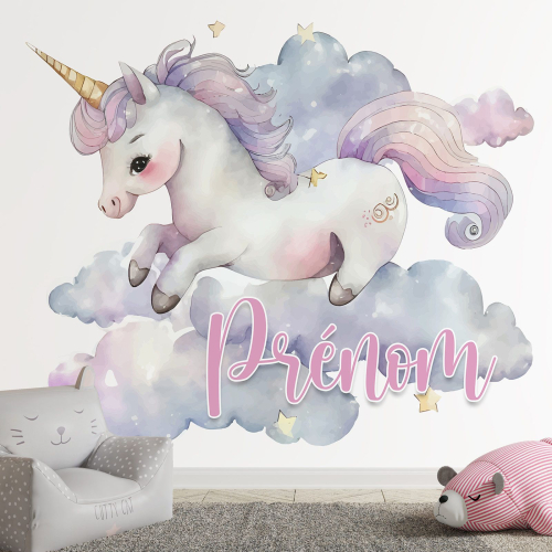 Papier peint panoramique enfant avec prénom personnalisable - Licorne