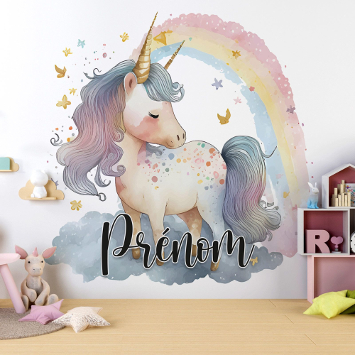 Papier peint panoramique enfant avec prénom personnalisable - Licorne