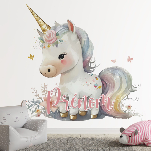 Papier peint panoramique enfant avec prénom personnalisable - Licorne
