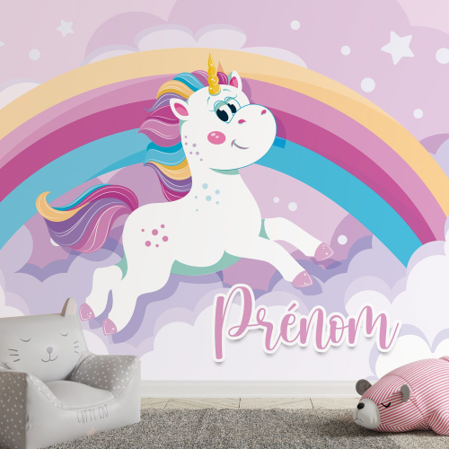 Papier peint panoramique enfant avec prénom personnalisable - Licorne arc-en-ciel