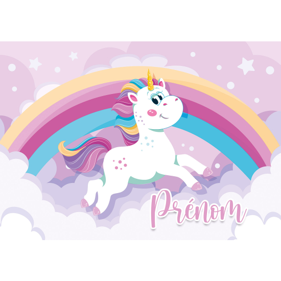 Papier peint panoramique enfant avec prénom personnalisable - Licorne arc-en-ciel