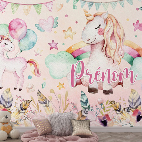 Papier peint panoramique enfant avec prénom personnalisable - Licornes