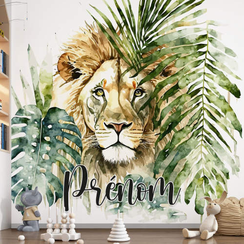 Papier peint panoramique enfant avec prénom personnalisable - Lion