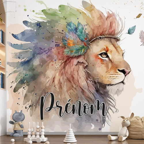 Papier peint panoramique enfant avec prénom personnalisable - Lion