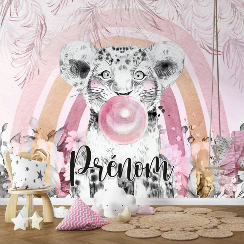 Papier peint panoramique enfant avec prénom personnalisable - Lion Chewing-Gum