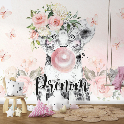 Papier peint panoramique enfant avec prénom personnalisable - Lion Chewing-Gum