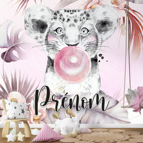 Papier peint panoramique enfant avec prénom personnalisable - Lion Chewing-Gum