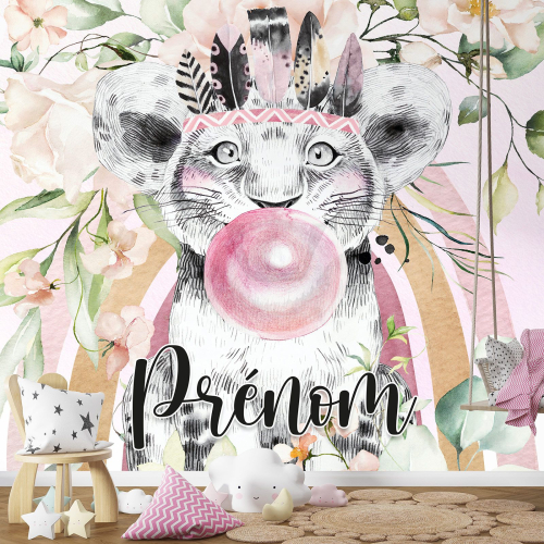 Papier peint panoramique enfant avec prénom personnalisable - Lion Chewing-Gum
