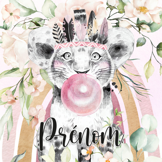 Papier peint panoramique enfant avec prénom personnalisable - Lion Chewing-Gum