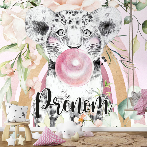 Papier peint panoramique enfant avec prénom personnalisable - Lion Chewing-Gum