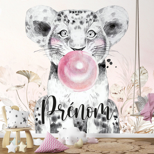 Papier peint panoramique enfant avec prénom personnalisable - Lion Chewing-Gum