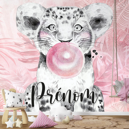 Papier peint panoramique enfant avec prénom personnalisable - Lion Chewing-Gum