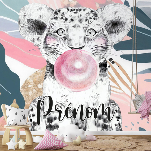 Papier peint panoramique enfant avec prénom personnalisable - Lion Chewing-Gum