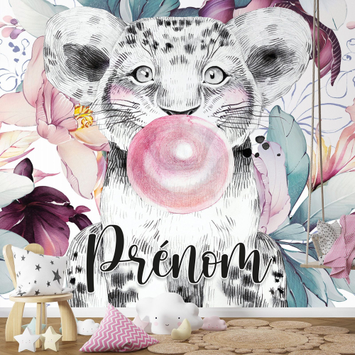 Papier peint panoramique enfant avec prénom personnalisable - Lion Chewing-Gum
