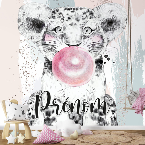 Papier peint panoramique enfant avec prénom personnalisable - Lion Chewing-Gum
