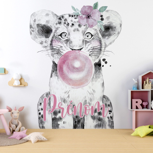 Papier peint panoramique enfant avec prénom personnalisable - Lion Chewing-Gum
