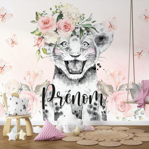 Papier peint panoramique enfant avec prénom personnalisable - Lion Fleurs