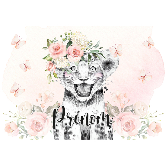 Papier peint panoramique enfant avec prénom personnalisable - Lion Fleurs