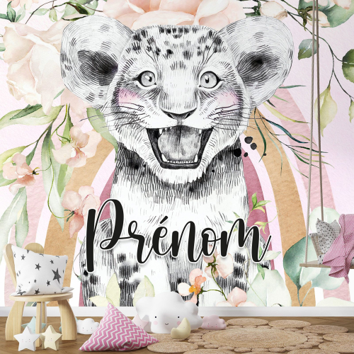 Papier peint panoramique enfant avec prénom personnalisable - Lion Fleurs