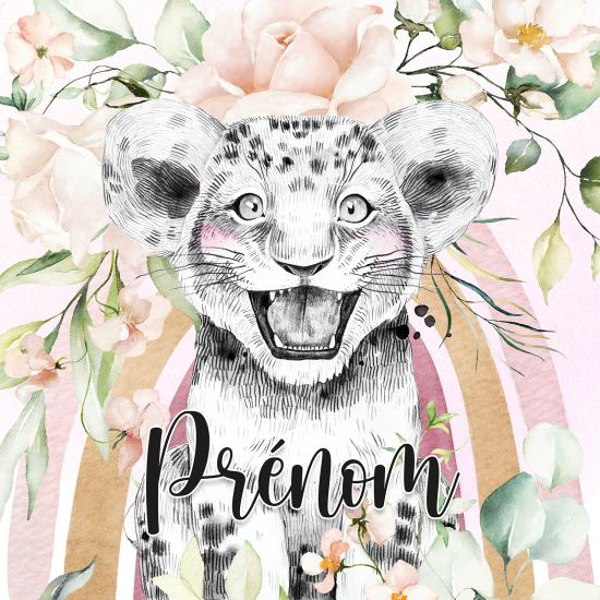 Papier peint panoramique enfant avec prénom personnalisable - Lion Fleurs