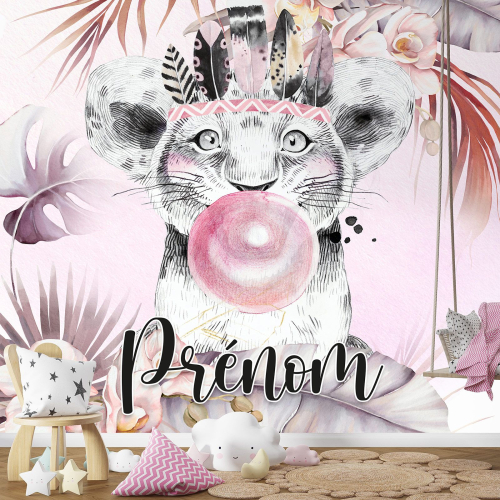 Papier peint panoramique enfant avec prénom personnalisable - Lion Indien - 3349