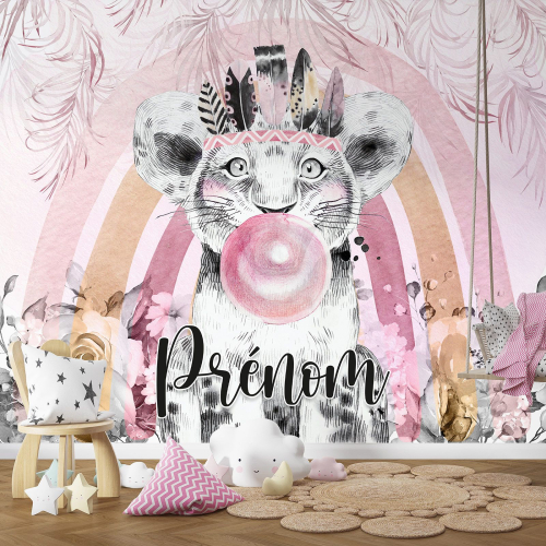 Papier peint panoramique enfant avec prénom personnalisable - Lion Indien