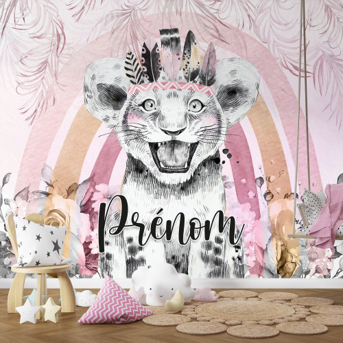 Papier peint panoramique enfant avec prénom personnalisable - Lion Indien
