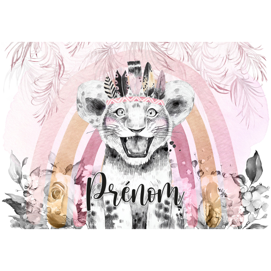 Papier peint panoramique enfant avec prénom personnalisable - Lion Indien