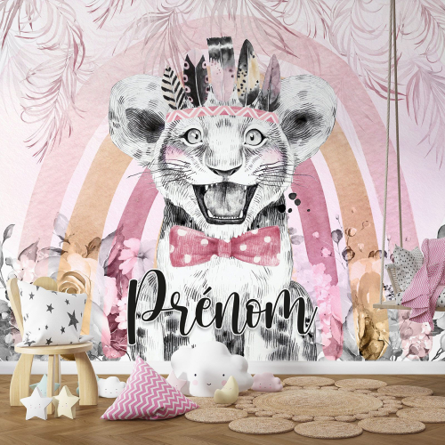 Papier peint panoramique enfant avec prénom personnalisable - Lion Indien