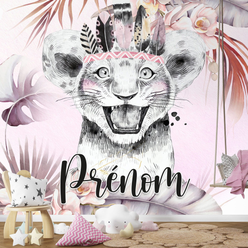 Papier peint panoramique enfant avec prénom personnalisable - Lion Indien