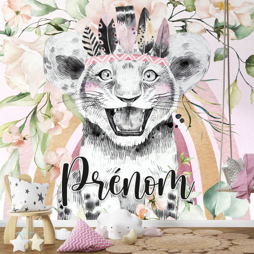 Papier peint panoramique enfant avec prénom personnalisable - Lion Indien