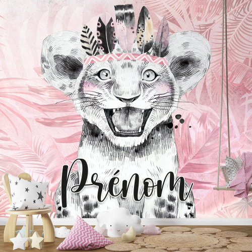 Papier peint panoramique enfant avec prénom personnalisable - Lion Indien