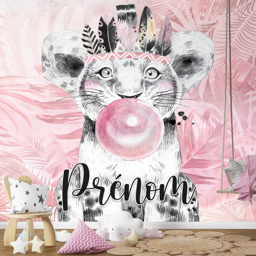 Papier peint panoramique enfant avec prénom personnalisable - Lion Indien