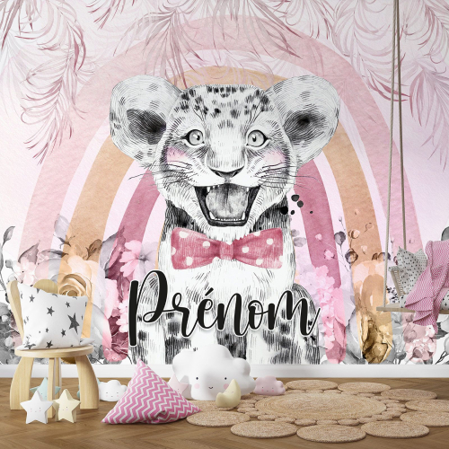 Papier peint panoramique enfant avec prénom personnalisable - Lion Nœud Papillon