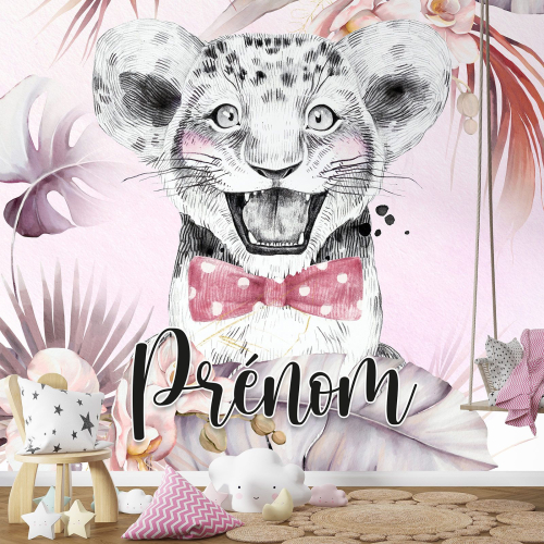Papier peint panoramique enfant avec prénom personnalisable - Lion Nœud Papillon
